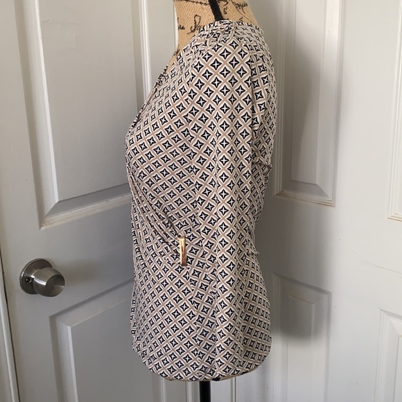Tan/White/Black Patterned 3/4 Sleeve Faux-Wrap Top - Picture 3 of 4